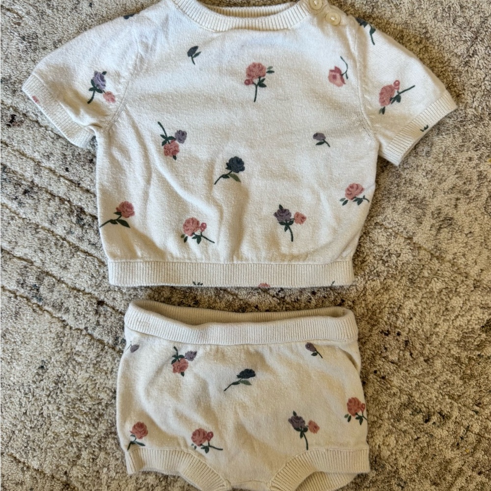 Cream Floral Knit Top & Bloomers Set - Pink & Green Flower Set